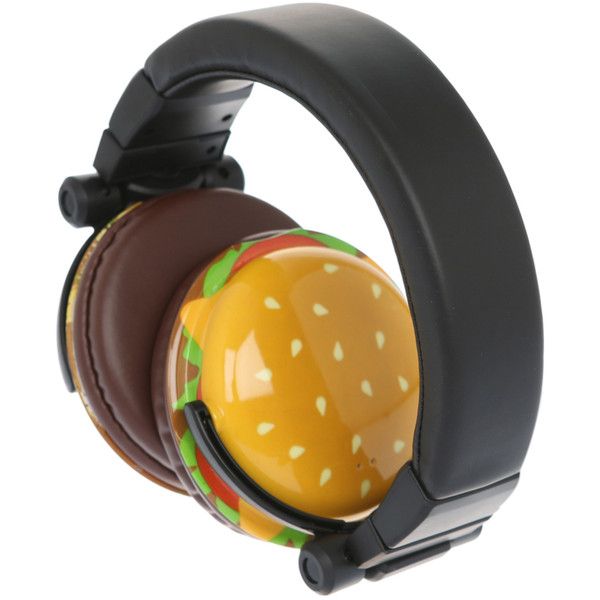 a pair of black headphones with a burger design on the earcups. the burger is yellow with a sesame seed bun, lettuce and tomato. the headphones are black with a soft leather headband and a black plastic band that connects the earcups. the headphones are shown in a white background.