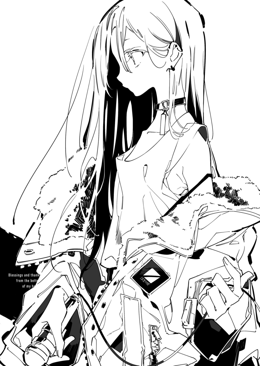 the image is a black and white mangastyle drawing of an anime girl in a side profile. she has long, flowing hair and is wearing a choker and earring. she's dressed in a stylish jacket, possibly with headphones hanging from it. the overall feel is fashionable and artistic.
