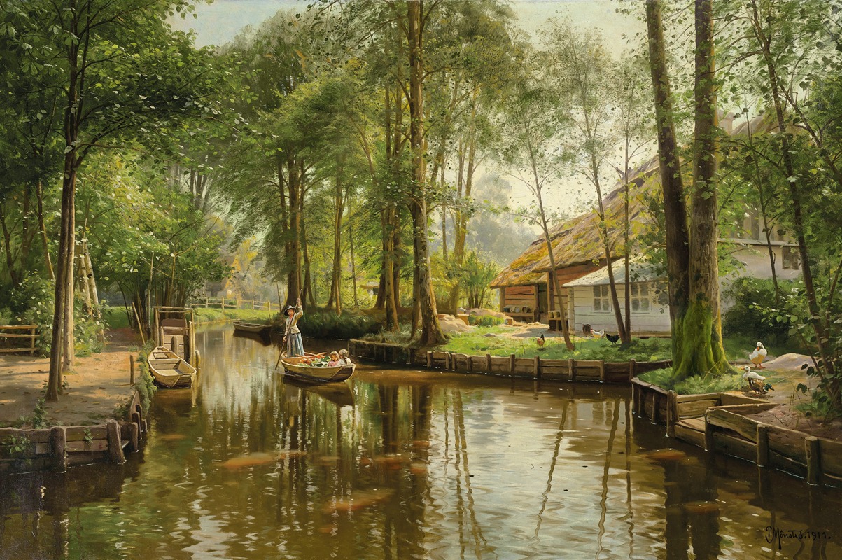 the image is a painting of a canal with a woman and children in a boat, with a house and trees on the banks. the canal is reflecting the trees and the sky. there are ducks and chickens on the bank near the house. a ladder is on the left side of the image. a wooden fence lines the canal.