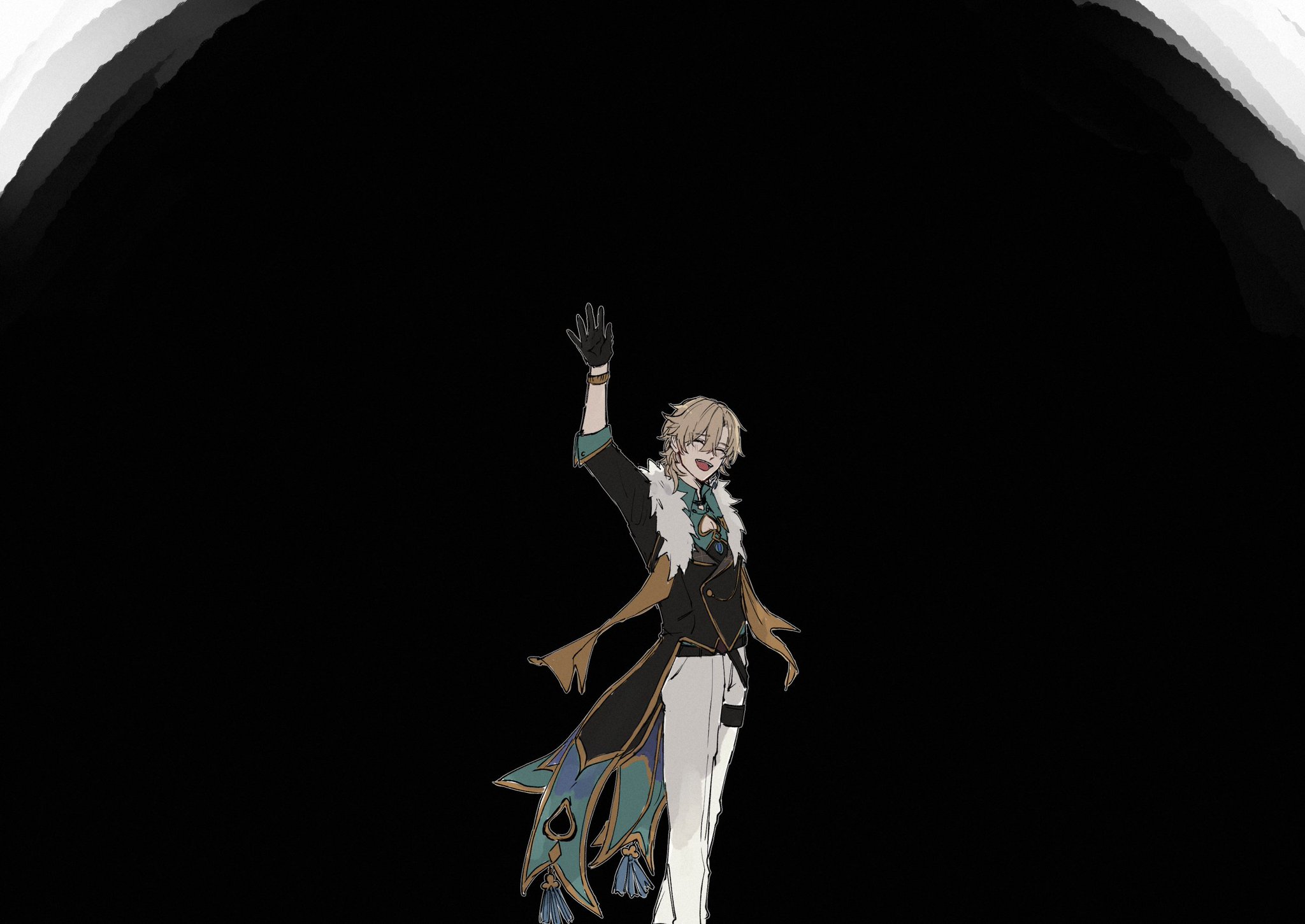 an animestyle character with blond hair and black eyes is smiling and waving. he is wearing a black jacket, white pants, black gloves, and a blue and green scarf. the background is white. he is smiling and waving to the viewer.