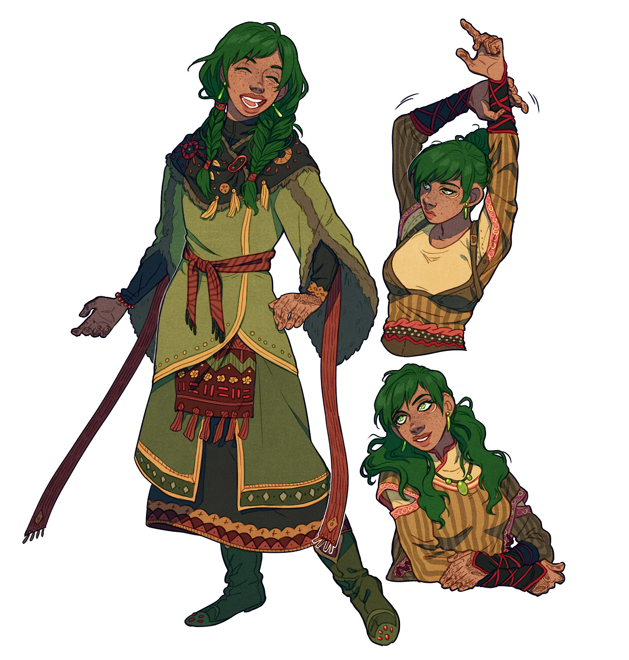 a digital illustration showcasing character design concepts for a woman with green hair in three poses wearing clothing inspired by central asian cultures.