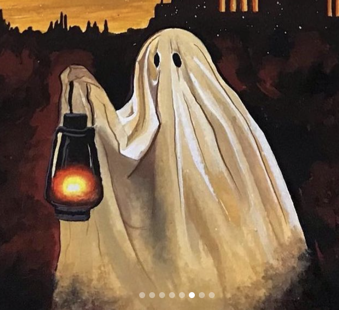 a painting of a ghost holding a lantern in a forest with a castle in the background. the ghost is white and has a black outline. the lantern is emitting an orange glow. the background is dark and has a spooky atmosphere.