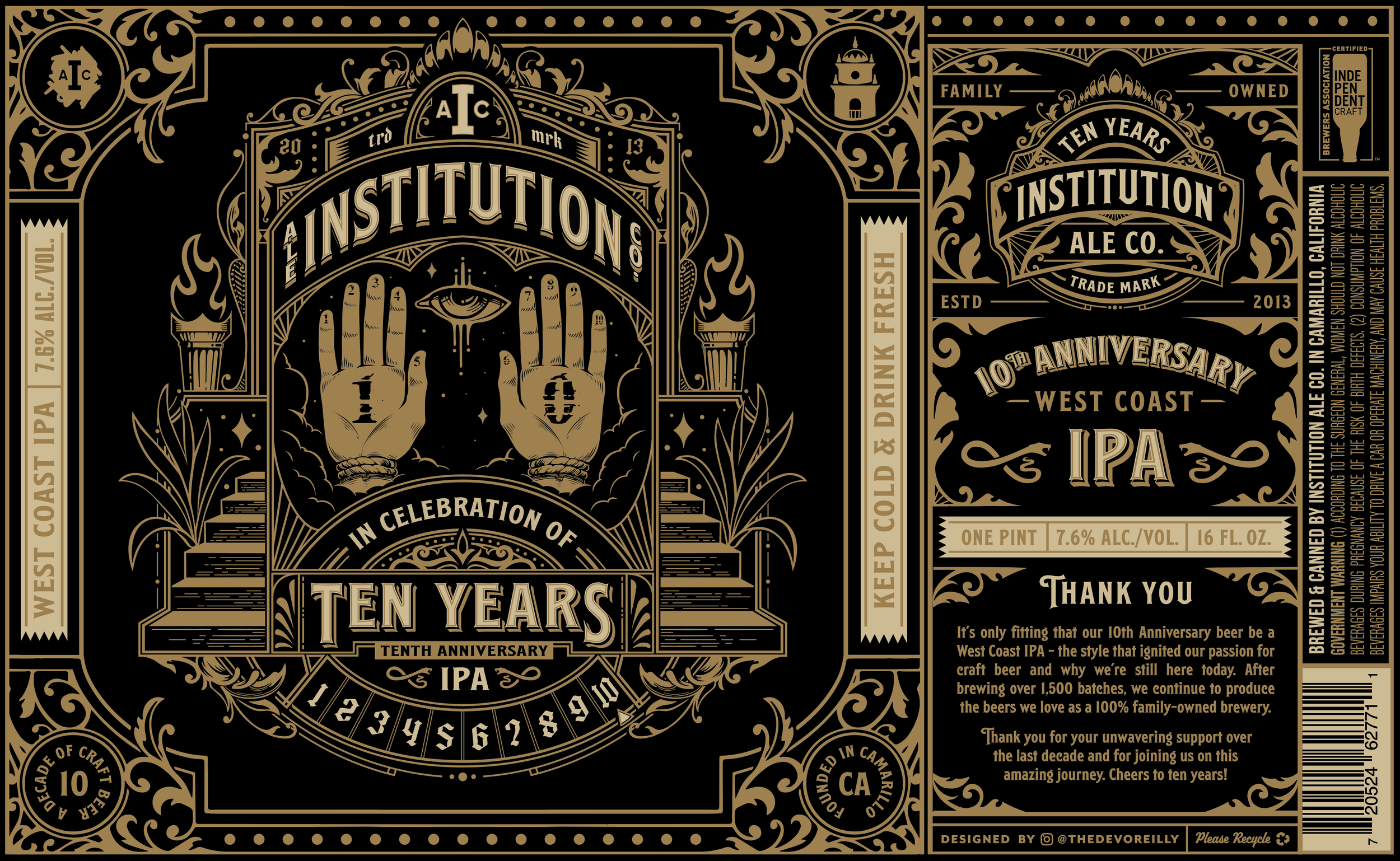 a beer label for institution ale co.'s 10th anniversary west coast ipa. the label features intricate designs with the words "institutions" and "ten years" prominently displayed. there are illustrations of hands, an eye, and ornate borders. text indicates that the beer is brewed and canned in camarillo, california, and provides a thank you message to supporters. the label also includes standard government warnings about alcohol consumption.