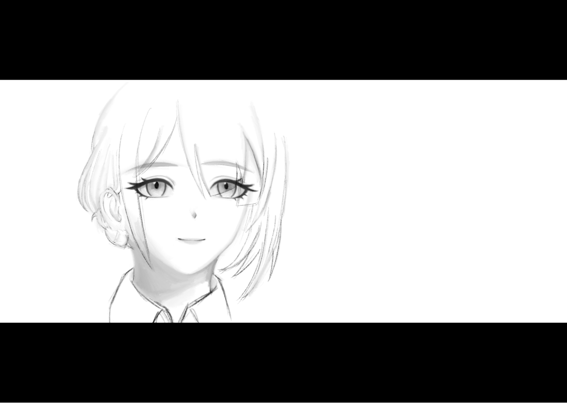 the image is a grayscale digital sketch or drawing of an animestyle girl.  she has shoulderlength hair styled in a loose, slightly wavy manner, with bangs that partially cover her forehead. her eyes are large and expressive, conveying a calm or serene expression. her mouth is gently curved into a small smile. she's wearing what appears to be a collared shirt. the drawing style is minimalist and simple, focusing on clean lines and subtle shading to create depth and form. the background is plain white, drawing all the attention to the girl's portrait.