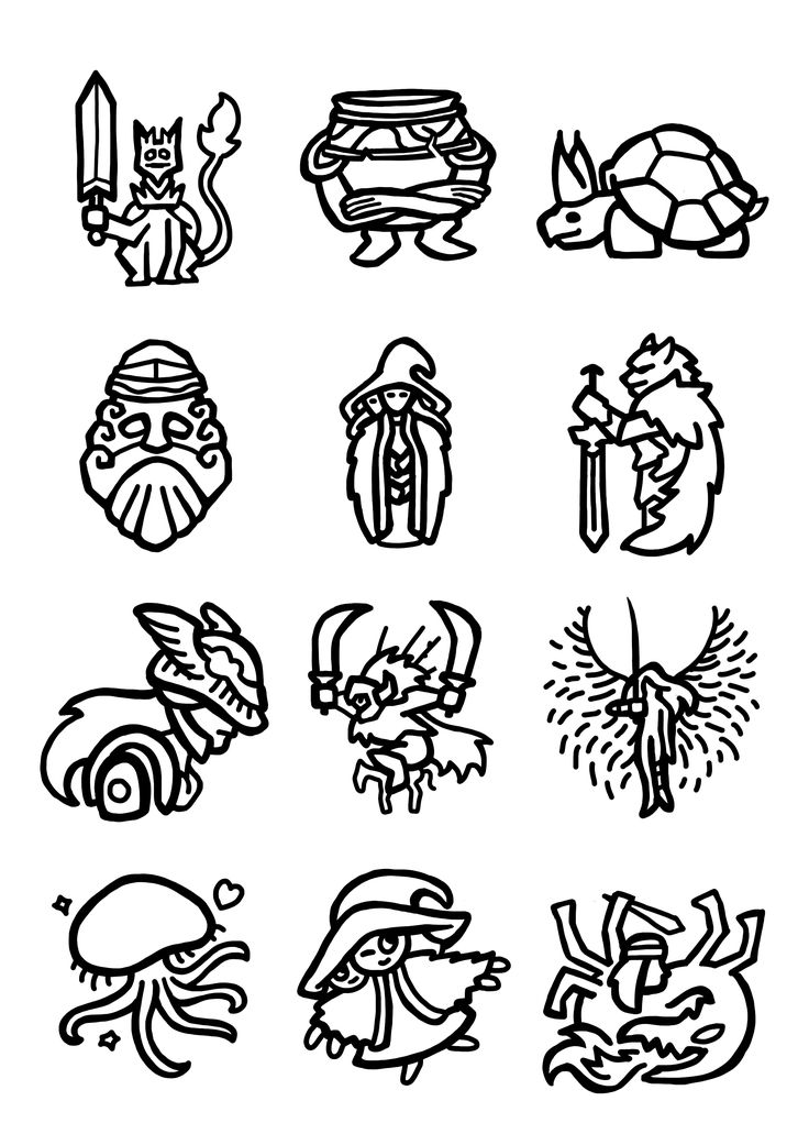 this is a black and white doodle style illustration of 12 fantasy creatures. each creature has a unique design. the illustrations are in the style of a simple line art. the creatures are a mix of whimsical and scary, with a bit of a dark humor vibe.