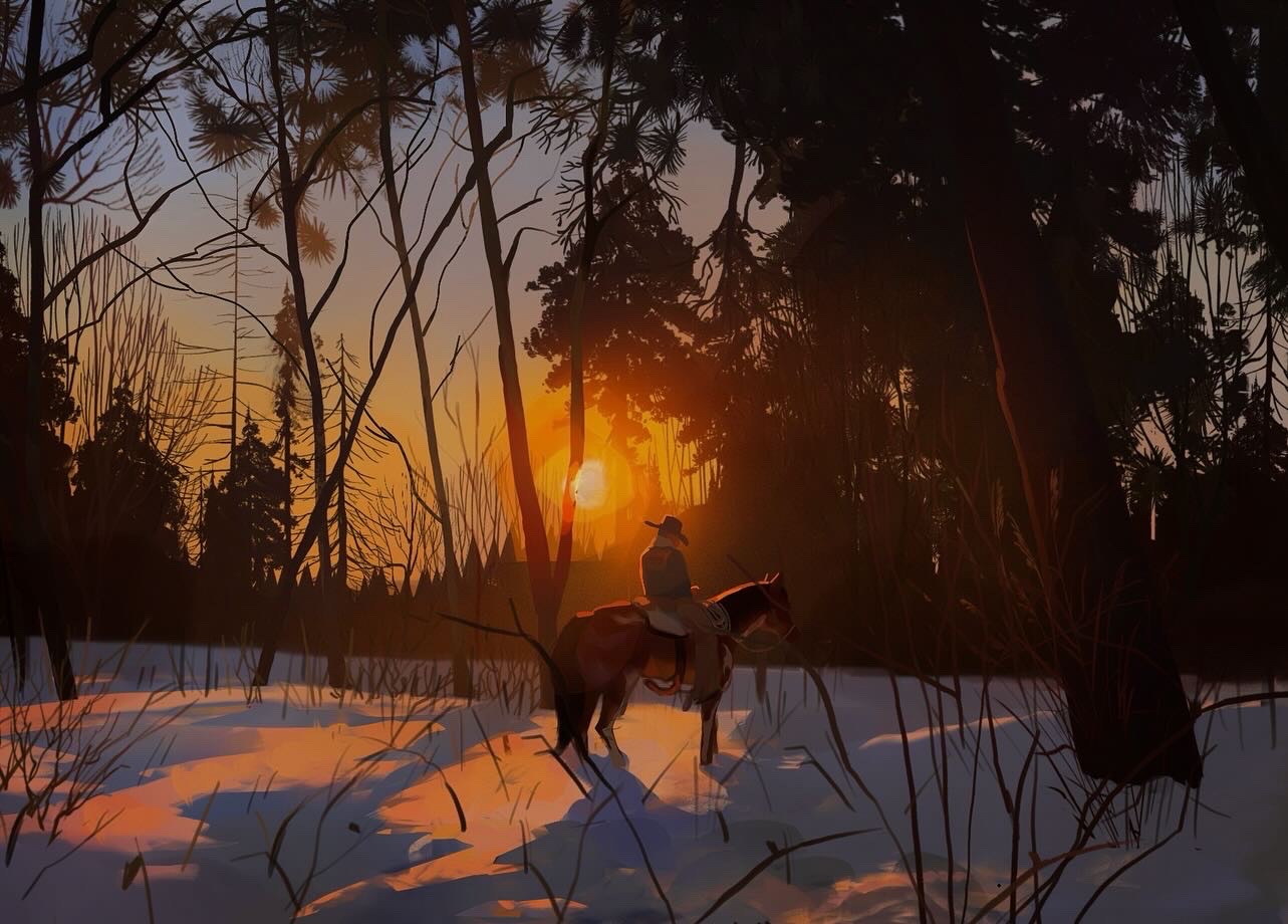a lone rider on horseback is silhouetted against a vibrant sunset in a snowy, winter landscape. tall, bare trees and evergreens frame the scene, creating a sense of depth and solitude. the warm colors of the setting sun cast long shadows across the snow, highlighting the peaceful and serene atmosphere of the wilderness.