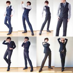 a man in a variety of poses, all while wearing the same black suit and white shirt. he is in a white room with wood floors. the images are all full body.
