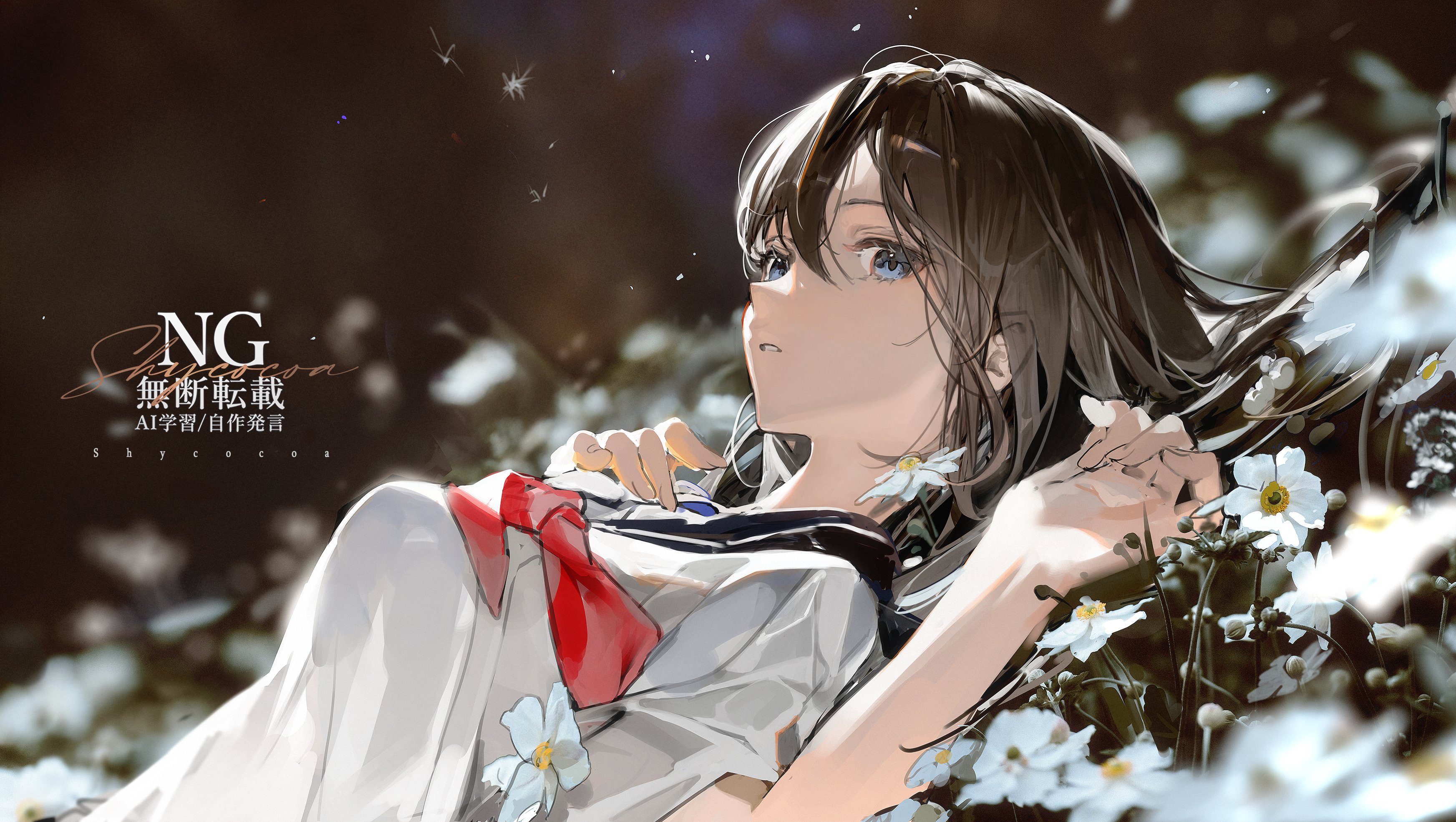 a digitally illustrated anime girl lays among white flowers, gazing upwards. she has brown hair and blue eyes, and wears a school uniform with a red ribbon. the background is dark, possibly depicting a night sky, with white specks resembling stars or pollen.