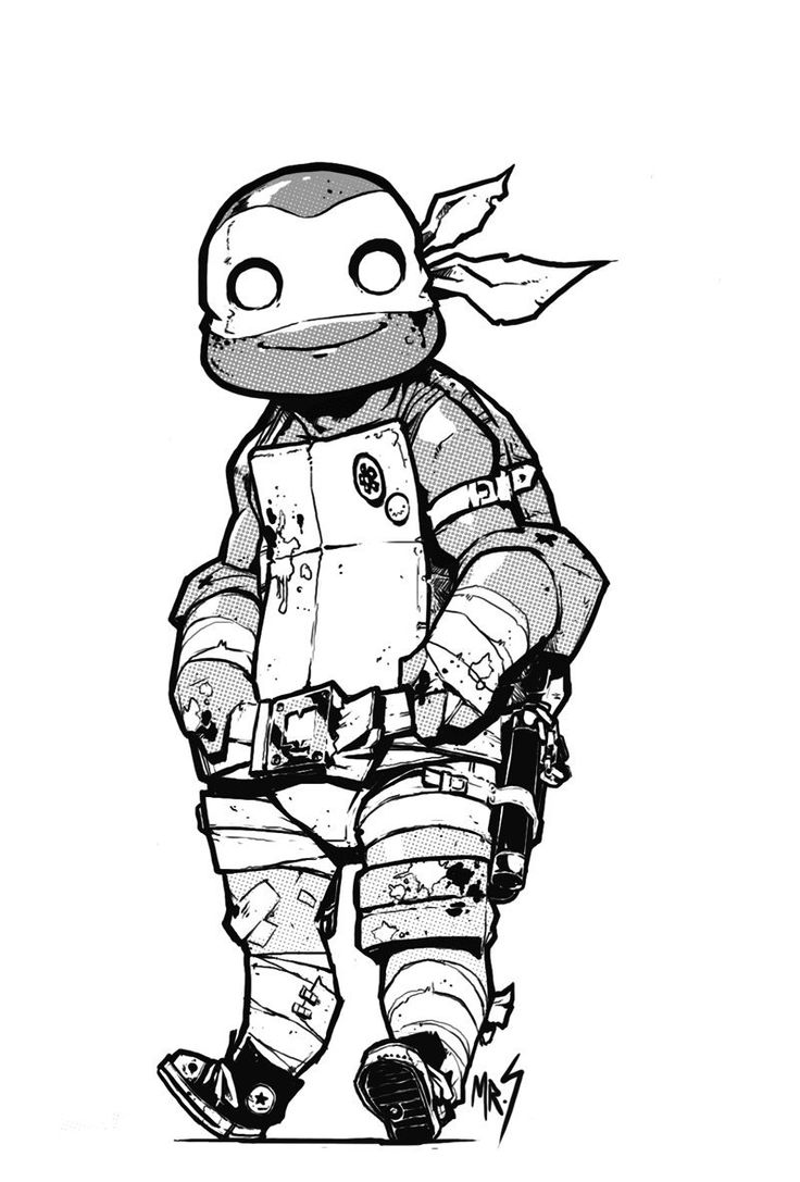 a black and white cartoon drawing of a teenage mutant ninja turtle in action. he's wearing his iconic red bandana and has a serious look on his face. he is wearing his armor and has his weapons strapped to his back. he's in midstride, looking ready to fight.