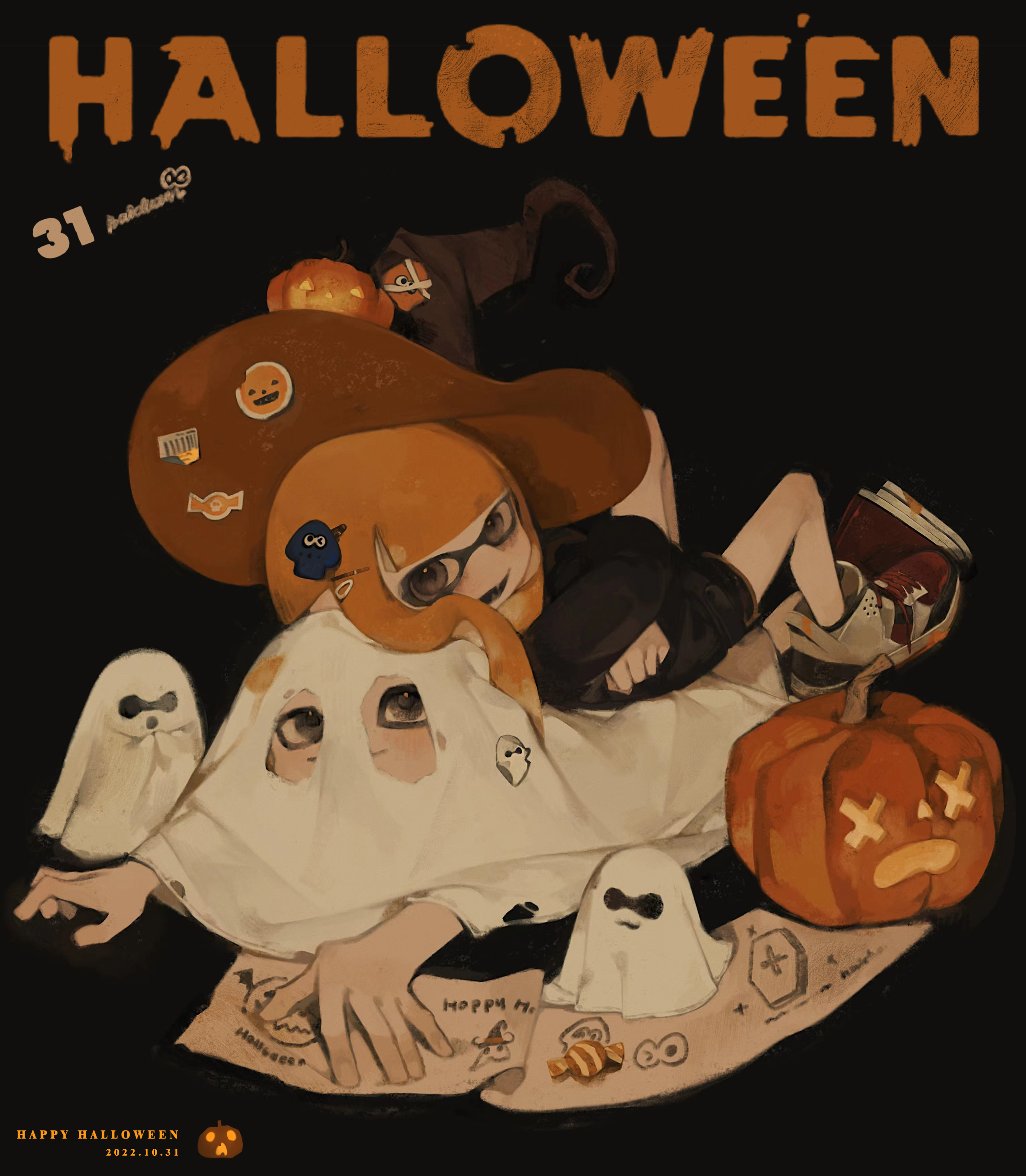 a digital illustration of a cute, cartoon girl dressed as a witch sitting on a pile of ghosts with a pumpkin by her side. the image is set against a dark background with the word "halloween" written in large, orange letters at the top.