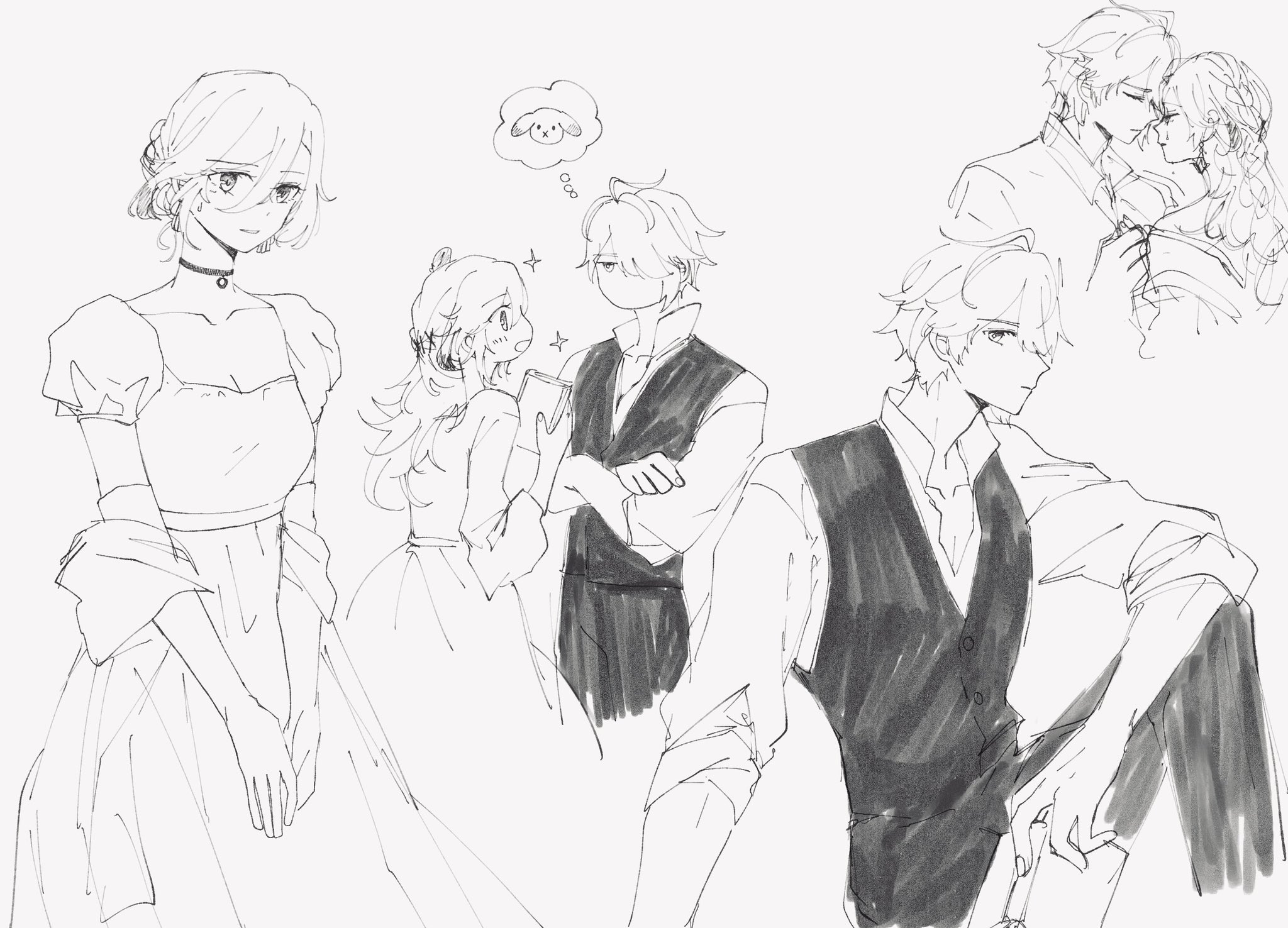the sketch features a group of anime characters in various poses. the characters are all drawn in a simple, black and white style. the main focus of the drawing is a young woman dressed in a white wedding dress, who looks like she is blushing. behind her, there's a young man wearing a suit. it looks like the woman is about to walk down the aisle, while the man stands behind her, looking lovingly at her.  the man is holding a book in his hands, implying it could be a love letter or something else romantic. on the left of the image, there's another female character dressed in a white dress, holding a small, pink book. she is looking at the book with a smile on her face. the image captures the moment before a wedding ceremony, where the bride and groom are ready to start their life together. the overall mood of the image is one of joy and anticipation.