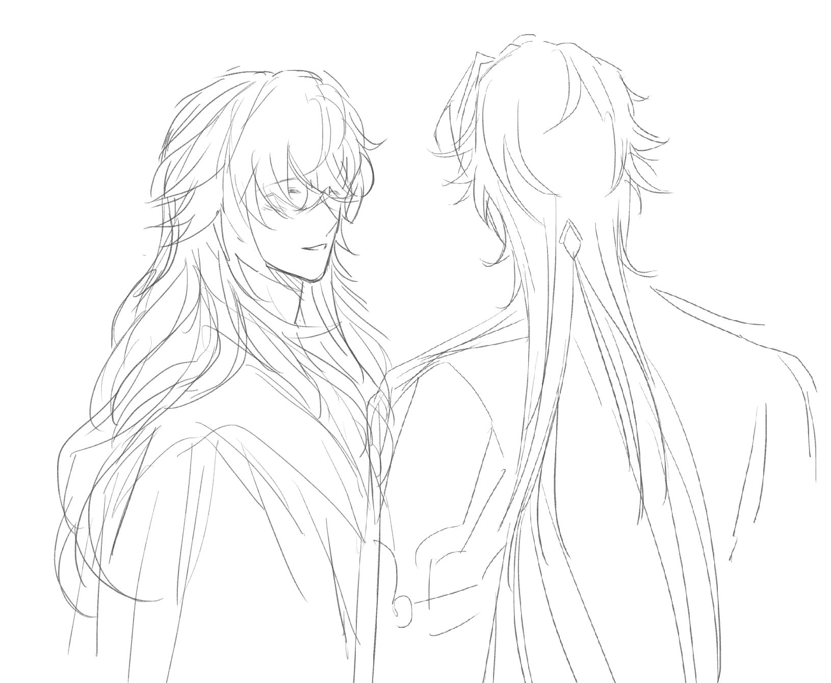 a pencil sketch of two anime male characters. the one on the left has long flowing hair and is looking at the other character on the right. the character on the right has long straight hair and is turned away from the viewer. they are both standing with their backs to the viewer. the art style is simple and minimalistic.
