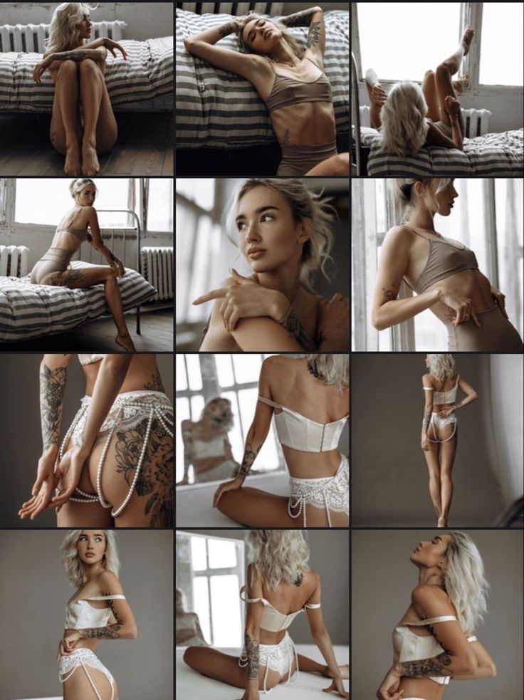 the image is a collage of nine photographs showcasing a young, tattooed blonde woman in various poses wearing different styles of lingerie.  the settings include a bedroom with a striped bed and a bright room with large windows.  the lingerie ranges from beige silklike sets to creamcolored pieces with delicate lace and pearl accents. the model's poses vary from relaxed and lounging to more sensual and artful positions. the overall mood is intimate and subtly suggestive, highlighting both the model's beauty and the lingerie's aesthetic. the lighting is natural and soft, enhancing the overall feel.