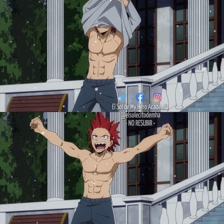 the image features two different anime characters from my hero academia. the top half shows a character who appears to be bakugo, shirtless with his hair down and a very serious expression, while the bottom half shows a character who appears to be kirishima, also shirtless with his hair up, and an enthusiastic, happy expression. the image is set outside with a snowy background, and both characters appear to be near a building with stairs.