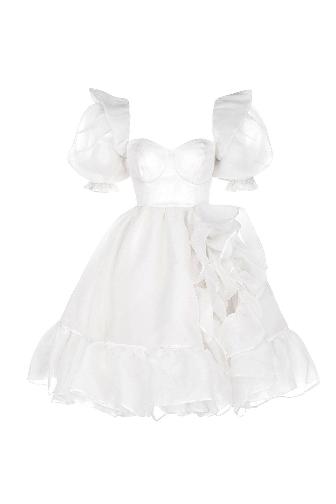 a white dress with a sweetheart neckline and puff sleeves. the dress is made of a sheer fabric with a ruffled bottom and a ruffled wraparound skirt. it is perfect for a special occasion or party.