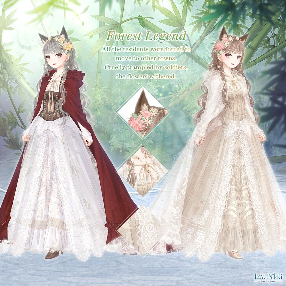 the image showcases two female characters wearing elaborate, floorlength dresses, with one in white and the other in red and white. they have wolf ears and stand amidst a softfocus background of a bamboo forest. the dresses evoke a fairy tale aesthetic, possibly referencing red riding hood. the text "forest legend" and a snippet of a story about residents forced to relocate and trampled flowers hint at a darker narrative. the overall atmosphere is dreamy and whimsical with a touch of melancholy.