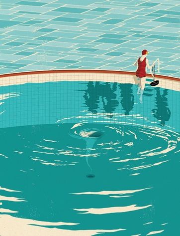 a woman in a red swimsuit stands on the edge of a blue pool. she is holding a float and the water is swirling around the drain in a whirlpool.  the image is done in a flat style.