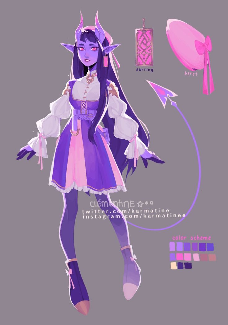 a digital illustration of a female demon character with purple skin, horns, a tail, and long purple hair wearing a white dress with a pink and purple bodice. the character is wearing a pink beret, pink shoes, and a pink and purple earring. the illustration also includes a color palette for the character. the background is a light gray.