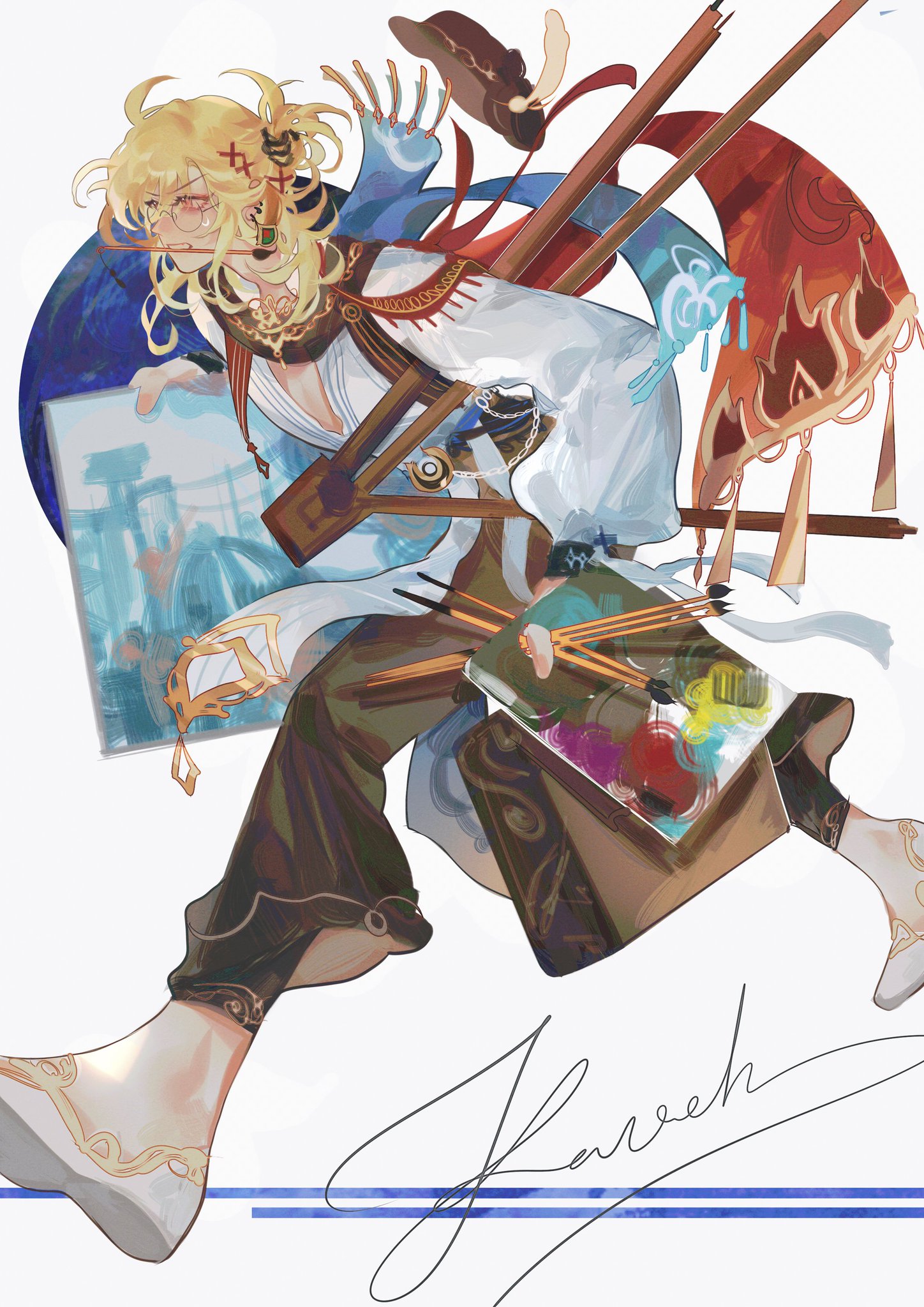 the image is a vibrant digital painting or fanart depicting a dynamic character, likely an artist. the character has long, blonde hair, glasses, and is wearing elaborate, flowing clothing with ornate detailing.  they are surrounded by art supplies; paintbrushes, a palette full of paints, a canvas, and what seems to be a drawing easel. the pose is energetic and actionpacked, suggesting movement and creativity. the style is animeinfluenced, with bright colors and expressive lines. a signature is visible in the bottom right corner.  the overall impression is one of artistic energy and whimsical fantasy.