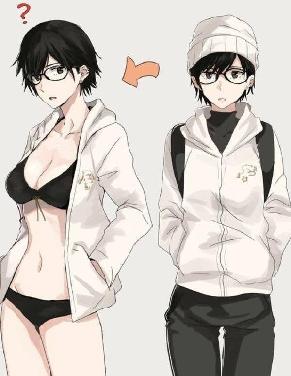 the image shows an anime style cartoon of a woman going through a transformation. the left side of the image depicts the woman in a black bra and underwear, wearing a white hoodie with a logo. she has short black hair, glasses, and a question mark above her head. an orange arrow points towards the right side of the image, which shows the same woman now transformed into a more masculine or tomboyish appearance. she is wearing a white beanie, glasses, a black turtleneck, a white hoodie with the same logo, and black pants. she has a more androgynous figure and her hair is styled differently.