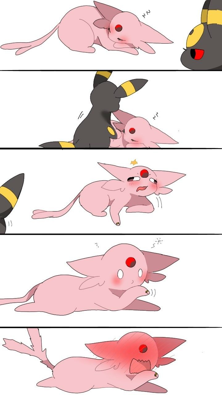 the image is a multipanel comicstyle illustration featuring pokemon cleffa and umbreon. the artwork is in a cute, chibi style. the comic depicts an interaction between the two pokemon, starting with a cleffa seemingly charmed by umbreon. subsequent panels show more interactions between them, leading to a blush and then a final panel with cleffa blushing intensely.  the overall tone suggests a playful, possibly romantic interaction between the two characters. the art style is clean and simple, employing mostly solid colors with minimal shading.