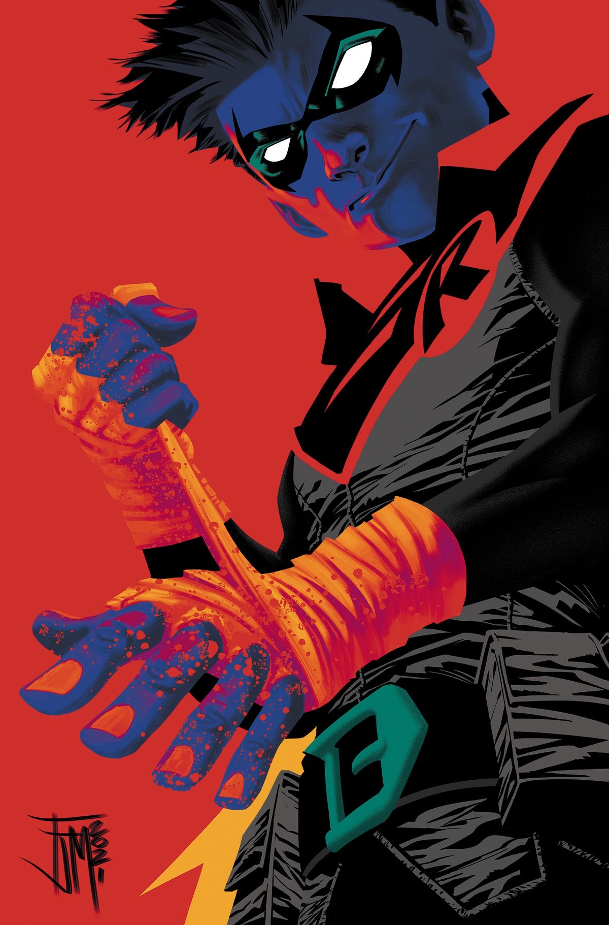 a closeup, stylized illustration of tim drake as robin. the artwork is vibrant and uses bold colors, primarily red, orange, blue, and black. robin is depicted in a dynamic pose, his hand wrapped in a bandage, suggesting action and perhaps injury.  the style is reminiscent of pop art, with strong contrasts and graphic elements.  the background is a solid red, further emphasizing the figure of robin.  a stylized signature is visible in the bottom left corner. the image is likely promotional art for a comic book or graphic novel.