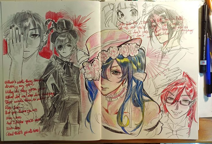 the image shows a sketchbook spread filled with various animestyle drawings and handwritten text. the drawings appear to be fan art, possibly based on the anime series black butler (kuroshitsuji), with recognizable characters like ciel phantomhive and sebastian michaelis depicted in different styles and levels of detail.  some characters are rendered in primarily pencil sketch, others incorporate colored pencils for a more vibrant look. there is also some lyrical text interspersed between the sketches that might be song lyrics or a poem written by the artist. the overall style is expressive and energetic, indicative of a creative process in progress. the image showcases a combination of pencil and colored pencil techniques on notebook pages.
