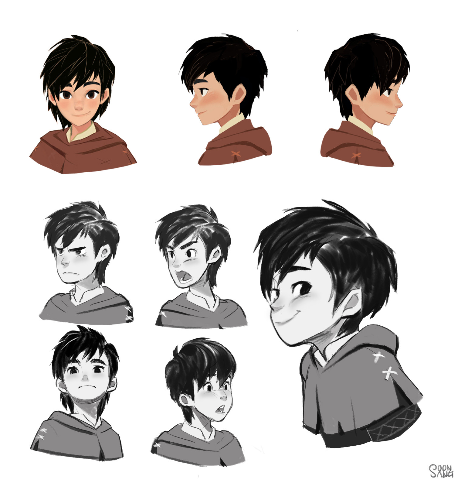 a digital illustration of a young man with short, black hair and brown eyes. this appears to be a character design sheet with various expressions. he's wearing a simple robe and there are some line art versions of him below.