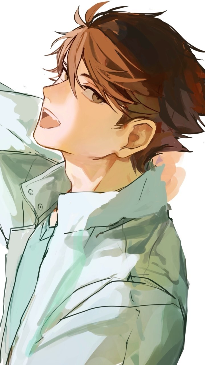 the image is a digital drawing of a young animestyle boy. he has brown hair, light brown skin and is looking upward with a relaxed, almost dreamy expression. he is wearing a light green, open jacket and shirt. the style of the art is soft, with painterly brushstrokes and shading that create a sense of gentle movement and light. the overall aesthetic is calm and peaceful.