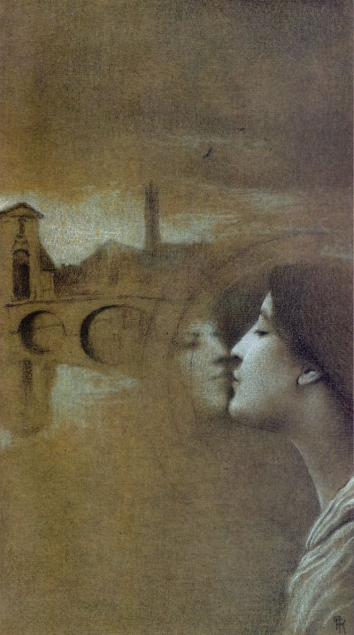 the image is a vintage painting featuring a woman in profile about to kiss her reflection. the scene is set against a backdrop of a european cityscape, including a bridge, architecture, and a distant tower reflected in the river. the color palette is dark and moody, creating a romantic and slightly melancholic atmosphere. the style is reminiscent of symbolist or preraphaelite art from the 19th century. the painting is signed "rs" in the lower right corner.