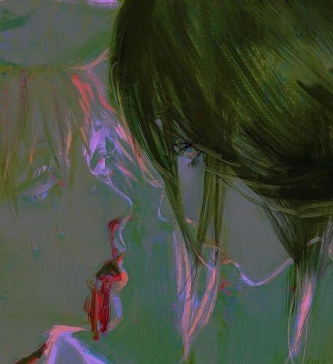 the image is an abstract painting depicting two figures in a close embrace. rendered in muted greens and blues with hints of red and pink, the artwork evokes a sense of intimacy and tenderness.  the brushstrokes are visible and expressive, contributing to the dreamlike and emotional quality of the piece. the lack of clearly defined features or background further emphasizes the focus on the connection between the two individuals.