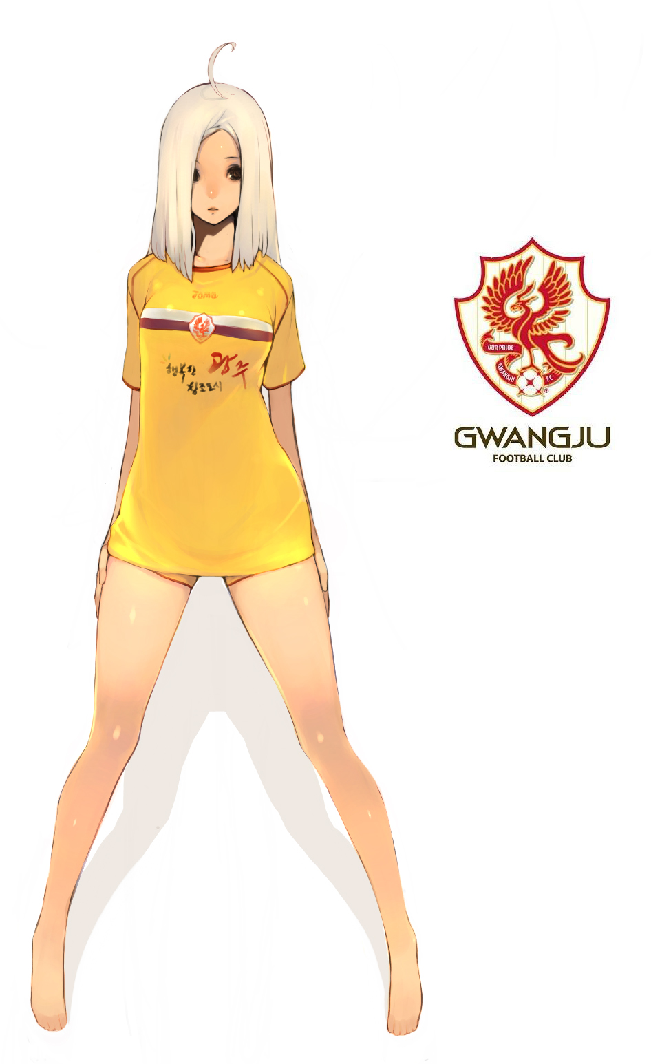 a fullbody illustration of a young woman with long white hair. she is wearing an oversized yellow gwangju football club jersey, which falls to her midthigh. the jersey features red and black accents, echoing the colors in the club's logo displayed beside her. the woman is barefoot, with a neutral expression on her face. the background is entirely white, drawing attention to the character and the football club's branding.
