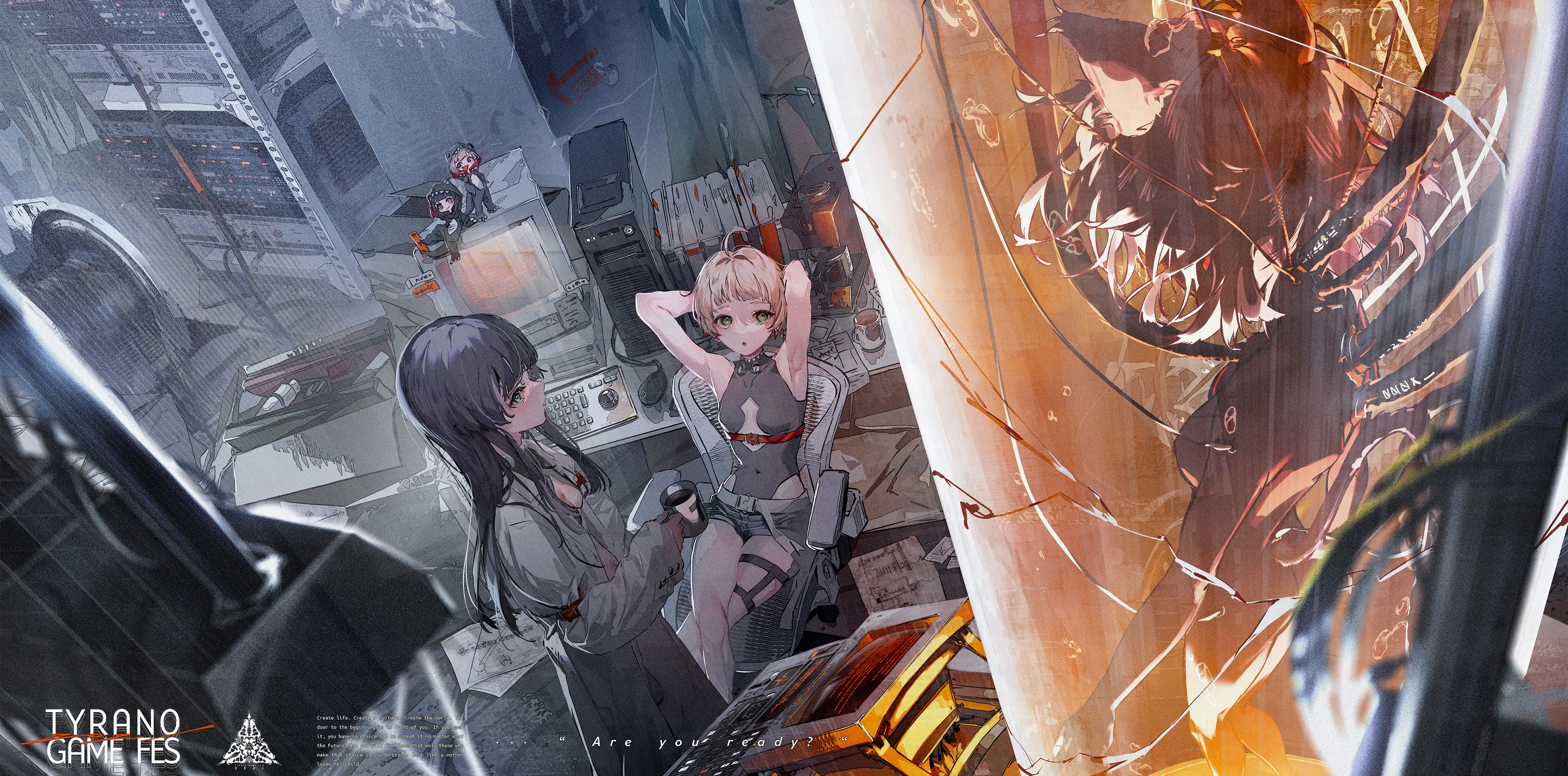 the illustration depicts a cyberpunkthemed scene with three female characters. one, dressed in a dark outfit and with short, choppy hair, is standing on the left side of the image. she looks concerned and a little nervous. the second one is sitting in a chair. she is also wearing a dark outfit and has long, straight, lightcolored hair. she looks excited and energetic. the third character is seen as a reflection in the window, appearing as a woman with long, flowing hair and a futuristic weapon in her hand. she is holding the weapon firmly and with a confident look on her face. behind them, the backdrop is a cityscape full of highrise buildings and glowing neon lights. the image seems to portray the characters preparing for a cybernetic battle.