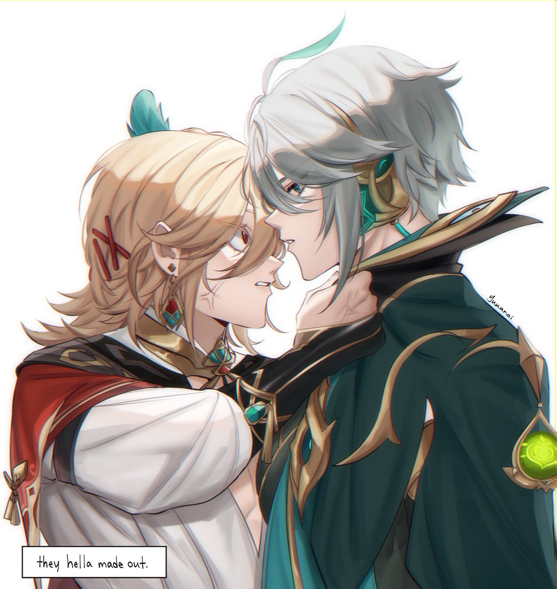 a drawing of two anime characters, albedo and itto from the game genshin impact. they're leaning in to kiss, looking very love struck.
