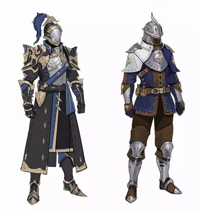 two knights in full plate armor stand facing forward against a white background. the knight on the left is more ornate, with gold trim and a blue tabard. the knight on the right is more utilitarian, with silver and brown armor.