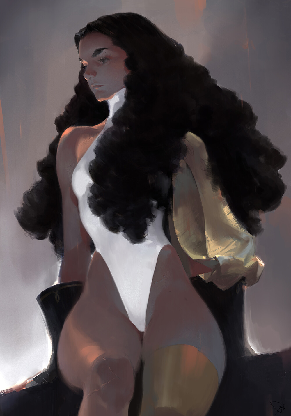 this illustration features a woman with long, dark hair and brown skin. she's wearing a white bodysuit and a gold and white jacket draped over her arms. her expression is serious and she's looking off to the side. the lighting is soft and the overall tone is muted.