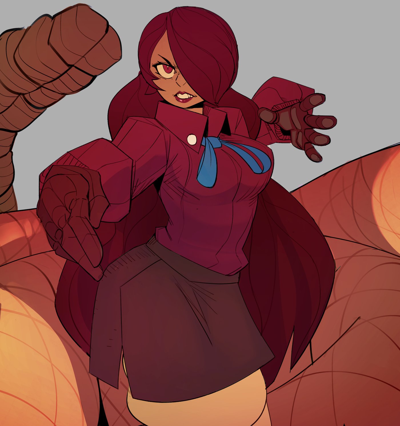 an anime girl with long red hair and brown skin stands in a red blouse and black skirt.  she has a blue ribbon tied around her collar. she has her right hand up, open palm with the left hand down, pointing with index finger. she is set against a brown and orange background.