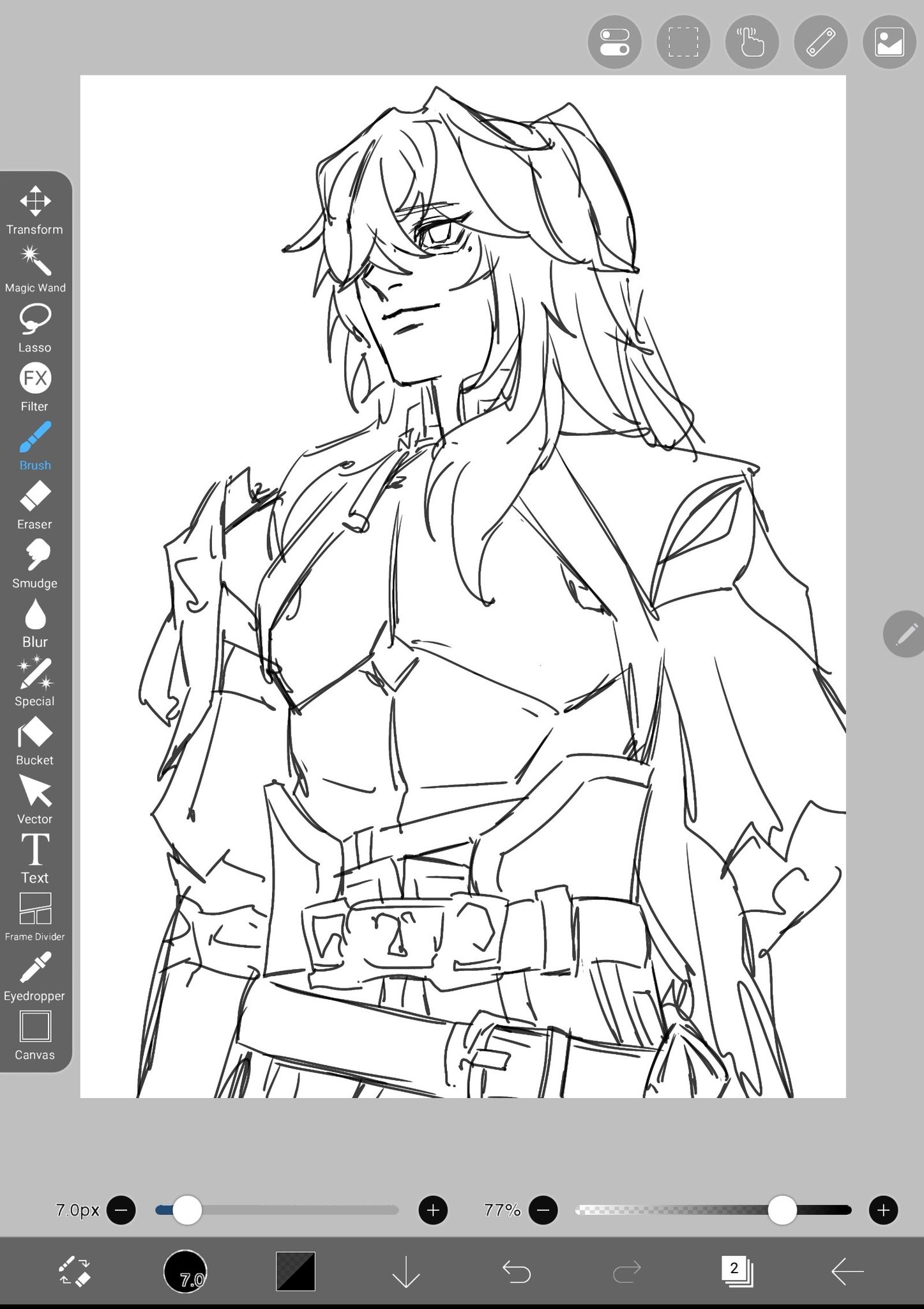 this is a digital sketch of an anime character. they are drawn in a dynamic pose with their long hair flowing behind them. they are wearing a detailed outfit with a cape. the drawing is done in black and white and is reminiscent of a manga or anime style.