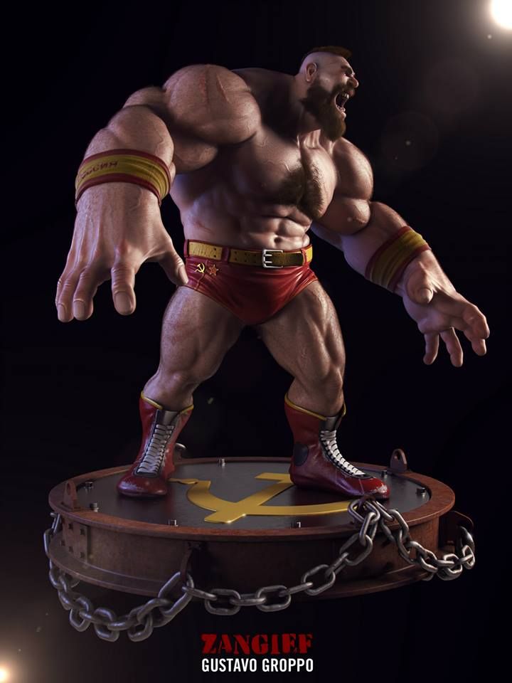 a 3d rendering of a zangief (street fighter) figurine on a chained podium, illuminated by spotlights against a dark background.  the figurine depicts the wrestler in his signature red wrestling attire with yellow accents and a muscular physique. he stands with his arms outstretched, mouth open in a roar.  the podium features a distressed metallic texture and a prominent soviet hammer and sickle symbol.