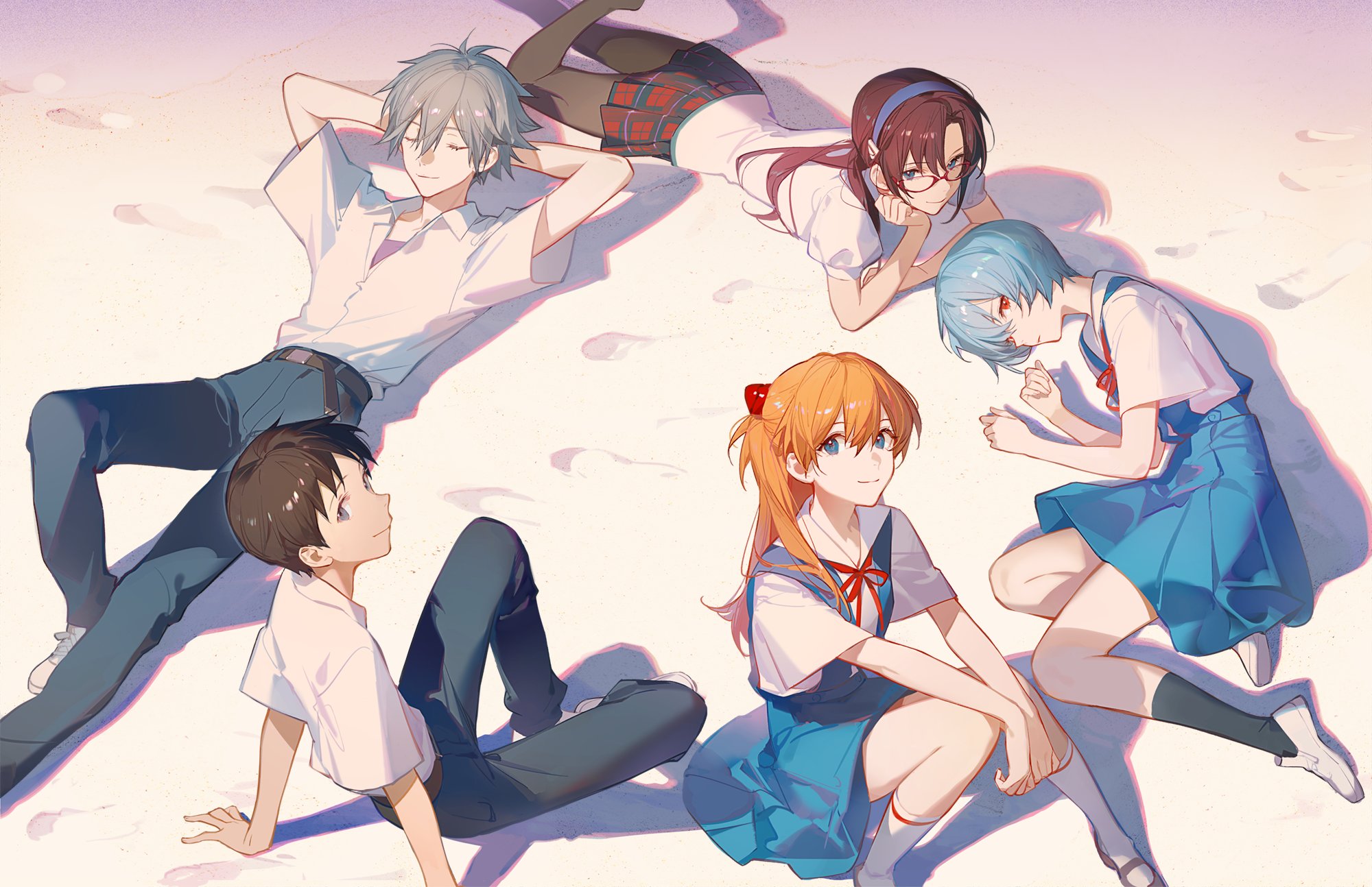 a fan art illustration depicts characters from the anime evangelion on a beach. kaworu nagisa is laying down with his hands behind his head, wearing a white shirt and blue jeans. shinji ikari is sitting next to him, looking up. mari illustrious makinami is laying down wearing a white shirt, plaid skirt, and glasses. asuka langley soryu is sitting with her hands clasped in front of her, wearing a school uniform. rei ayanami is sitting and looks down, wearing a school uniform. the characters are on a sandy beach.