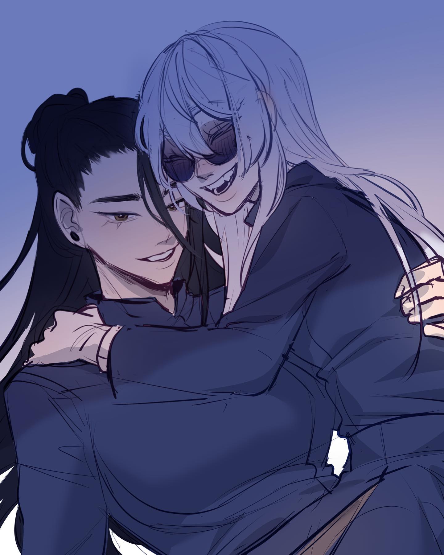 the image is a digital drawing or fanart, possibly anime or mangainspired, depicting two young women embracing affectionately. one has long, light blue hair and is wearing sunglasses, while the other has long, dark hair.  they're dressed in darkcolored, casual clothing. the style is soft and somewhat stylized, with a focus on the characters' expressions and the overall mood, which seems happy, playful, and intimate.  the background is a muted bluepurple gradient suggesting twilight or evening. the artwork showcases a closeup view of the couple, emphasizing their interaction and connection.