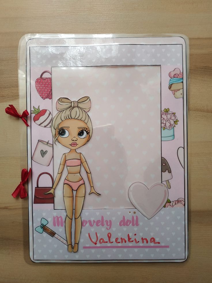 a framed illustration featuring a cartoon doll with a blonde bow in her hair. the doll is wearing a pink swimsuit and stands in front of a pink backdrop with a white heart in the lower right corner. the frame is decorated with small hearts, and images of sweets, bags, and flowers surround the frame. red ribbons are tied to the left side of the frame. the text "my lovely doll valentina" is written in red at the bottom.