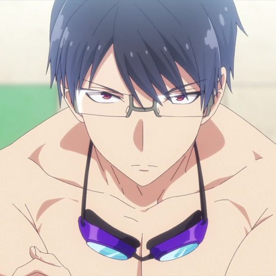 a closeup, portrait illustration of a young, athletic, male anime character with short black hair and red eyes. he has a determined expression and is wearing swimming goggles. his bare chest and shoulders are visible, while the background is an outoffocus greenishgrey.