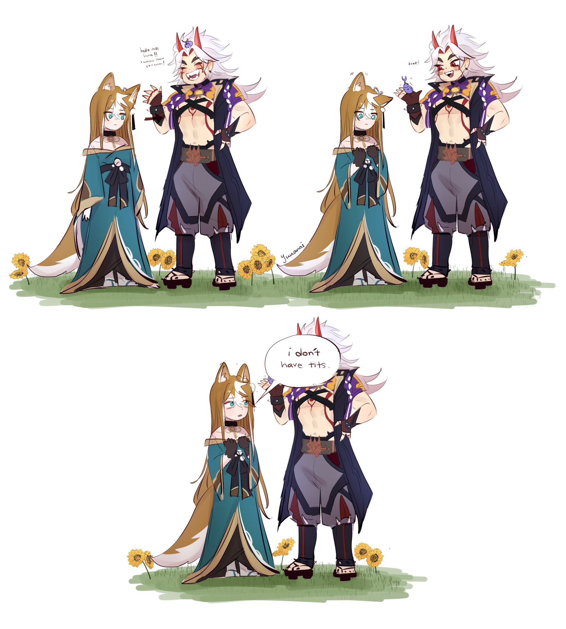 this is a digital illustration of a threepanel comic featuring two anime characters. the first two panels depict a male and female fox character interacting with each other in a sunflower field. the male character has red hair, wears a black and red kimono, and has a fox tail, while the female character has long blonde hair, wears a green and blue kimono, and