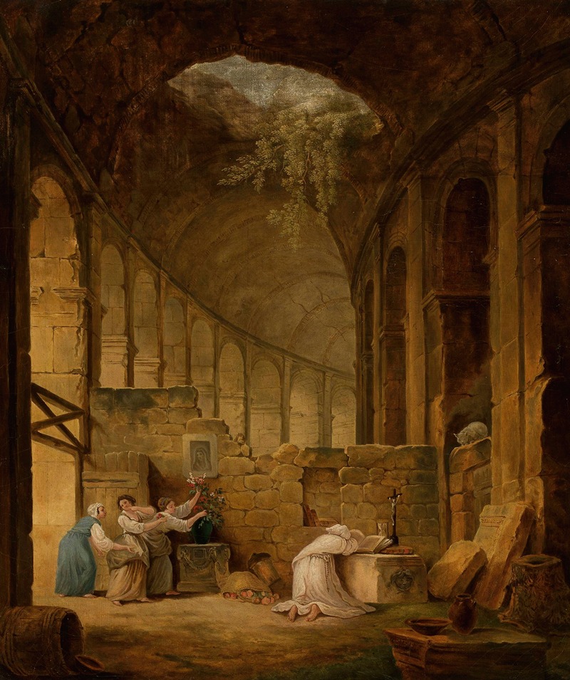 the painting depicts an interior scene of roman ruins, possibly a temple or amphitheater. arches and columns stretch into the distance, creating a sense of depth and grandeur. light streams in from an opening in the ceiling, casting shadows throughout the space. several figures are present, including women engaged in prayer or worship near an altar. the altar is adorned with a cross and flowers. other details include a barrel, pot, and various stone structures. the scene evokes a sense of religious devotion and reverence within a decaying but still impressive architectural setting.