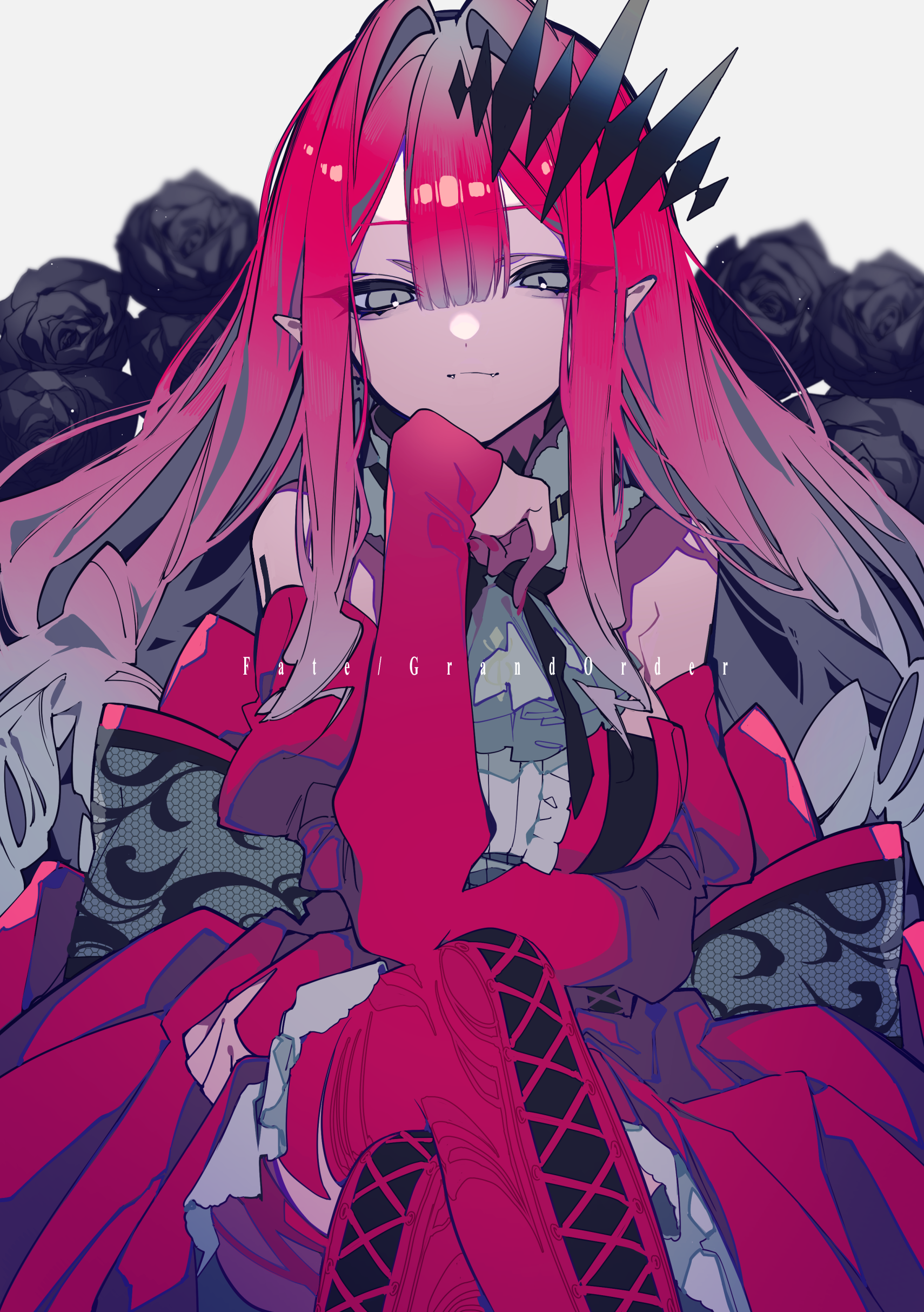 an animestyle illustration featuring a woman with long, red hair, and grey eyes. she has elf ears and wears a black, spiked crown. she is dressed in a red, gothicstyle dress and crossed stockings. she is surrounded by black roses. the text "fate/grand order" is present. she has one arm up supporting her face.