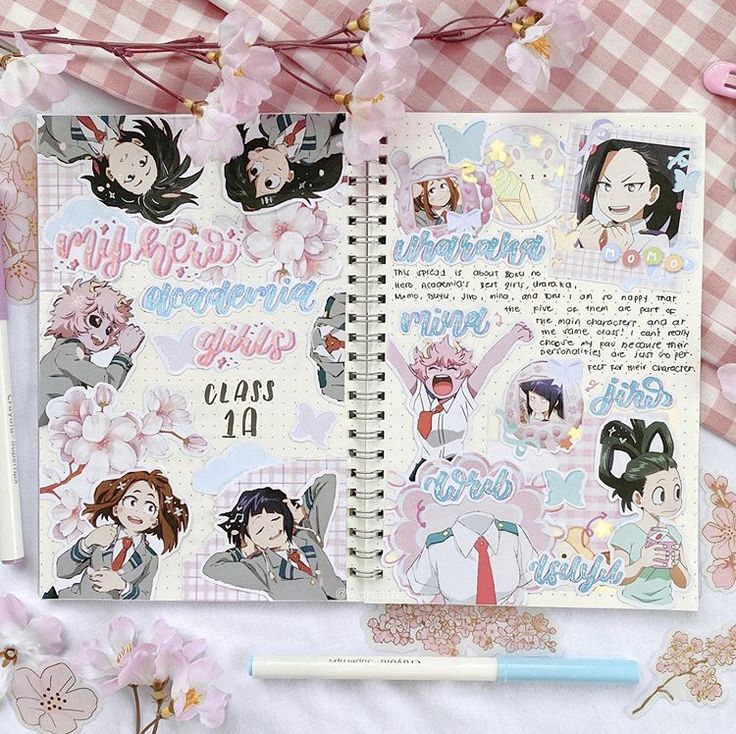 this is a bullet journal spread with the theme of my hero academia. there are stickers of different characters from the anime, such as uraraka, mina, jirou, momo, tsuyu, and toga. the spread also includes a handwritten note with the text "this spread is about boxes no hero academia's seat girls, uraraka, momo, tsuyu, jiro, nina, and one on ro nappy that the five of them are part of the main characters and are the same class! i can't really choose my fav just so many personalities are just so perfect for their characters."