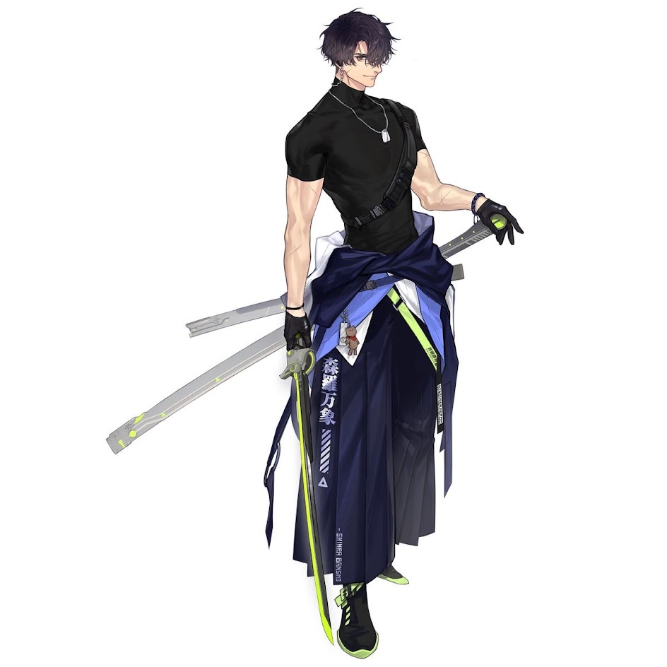 an anime character with black hair, black shirt, black pants with green and blue accents, holding a green katana sword. the character is looking at the camera with a stoic expression and standing with his left leg forward. the background is white.
