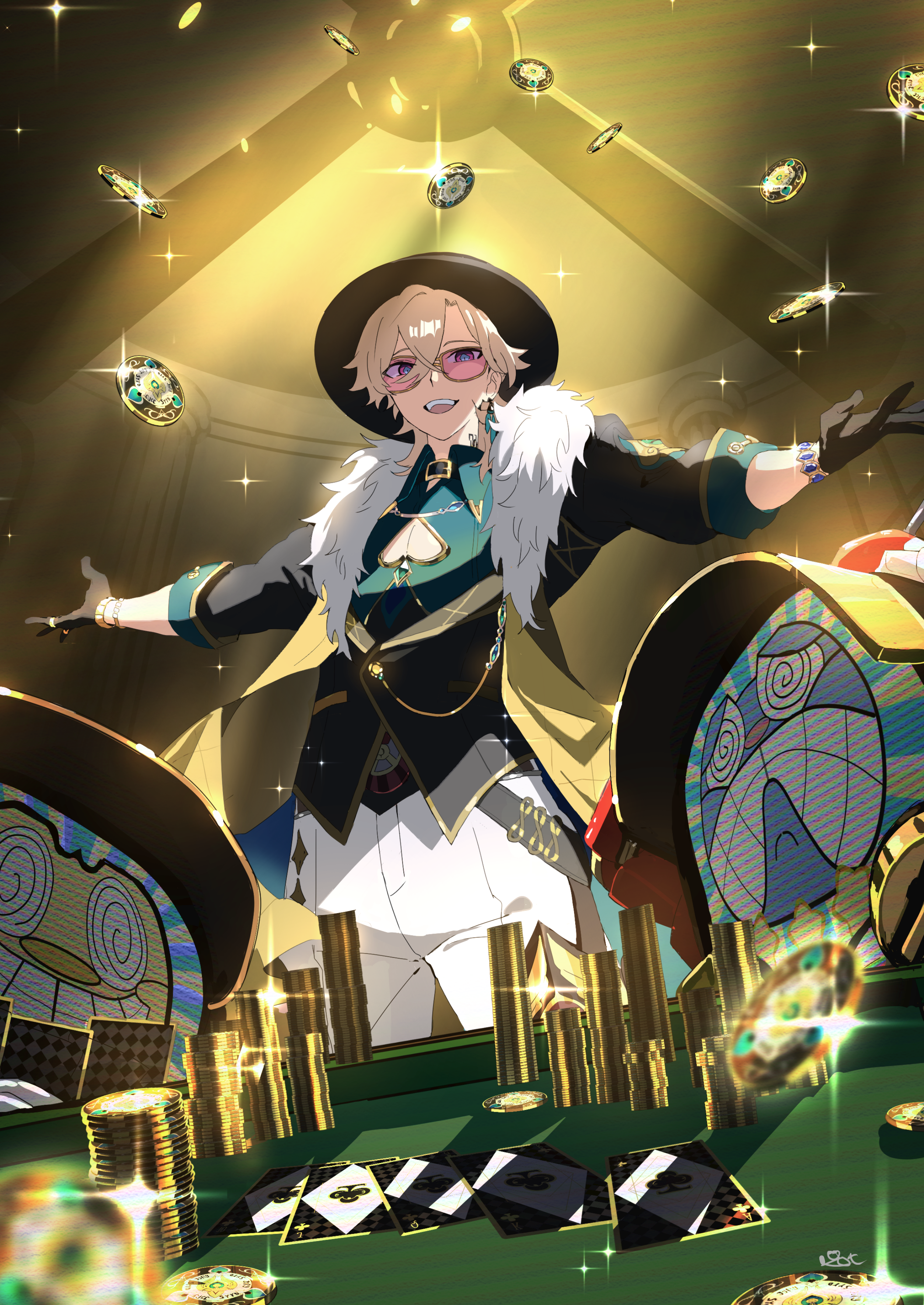 the image is a vibrant digital illustration featuring an animestyle male character at a casino poker table.  he's dressed in an extravagant outfit, including a stylish black suit with teal accents, a widebrimmed hat, sunglasses, and a furtrimmed coat, suggestive of a wealthy and playful personality.  he is smiling triumphantly, with gold coins and chips raining down around him, symbolizing a big win.  the scene is luxurious and dynamic, highlighting the highstakes nature of the game.  two stylized, almost caricaturelike, figures are partially visible seated at the table on either side of the main character, adding to the lively and exciting atmosphere of the scene. the overall style is polished and expressive, with a focus on rich color and dynamic composition.
