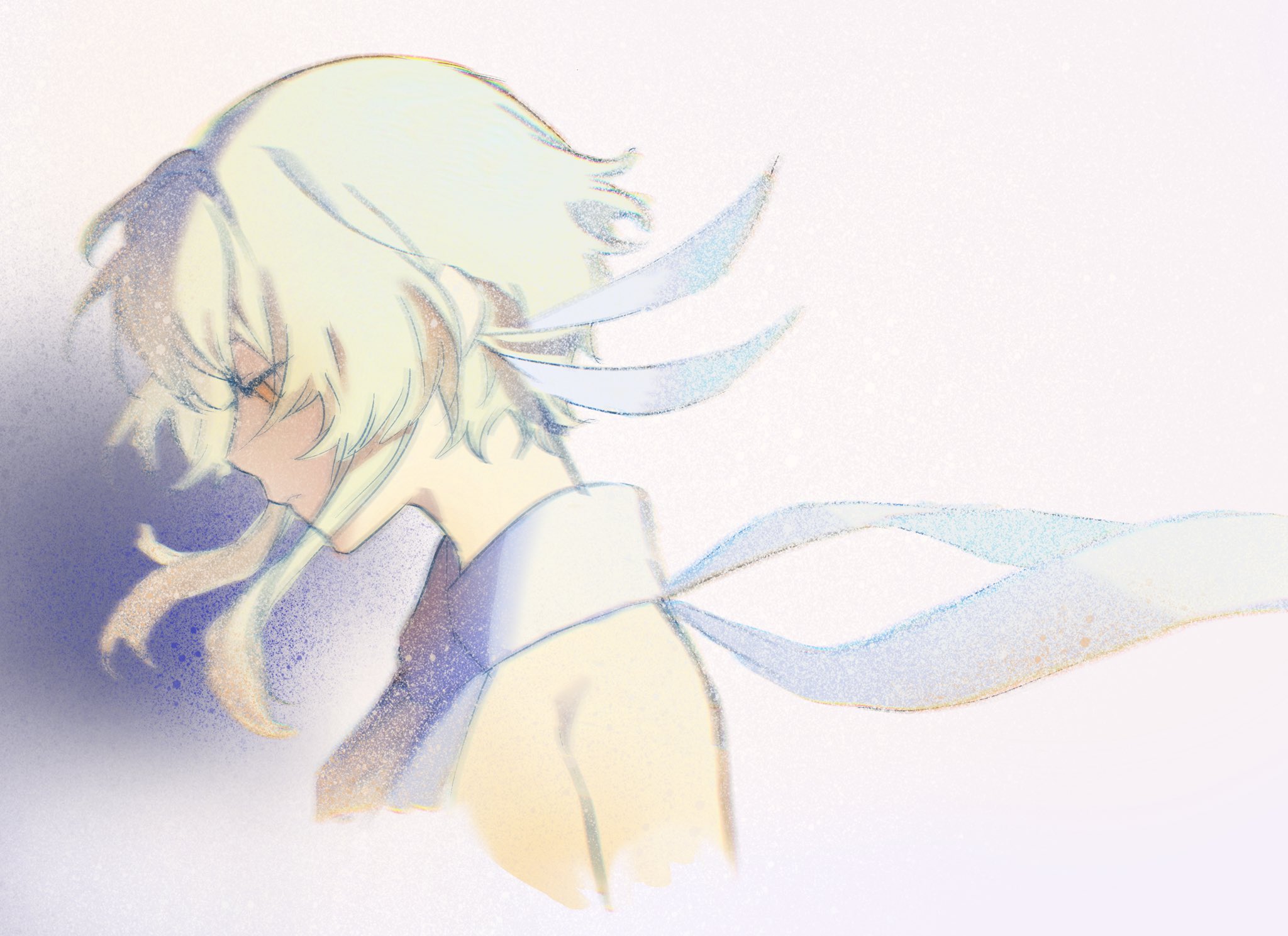 a digital watercolor illustration of a young woman with blonde hair and blue ribbons. the woman is facing away from the viewer, her hair and ribbons flowing in the wind. the illustration is soft and delicate, with a dreamlike quality.